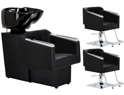 Σετ μαύρου χρώματος Pikos για κομμωτήριο και 2 περιστρεφόμενα υδραυλικά καρέκλες κομμωτηρίου με ποδοστήριο κινητή μπούκα κεραμικός νιπτήρας βρύση ντουζιέρα